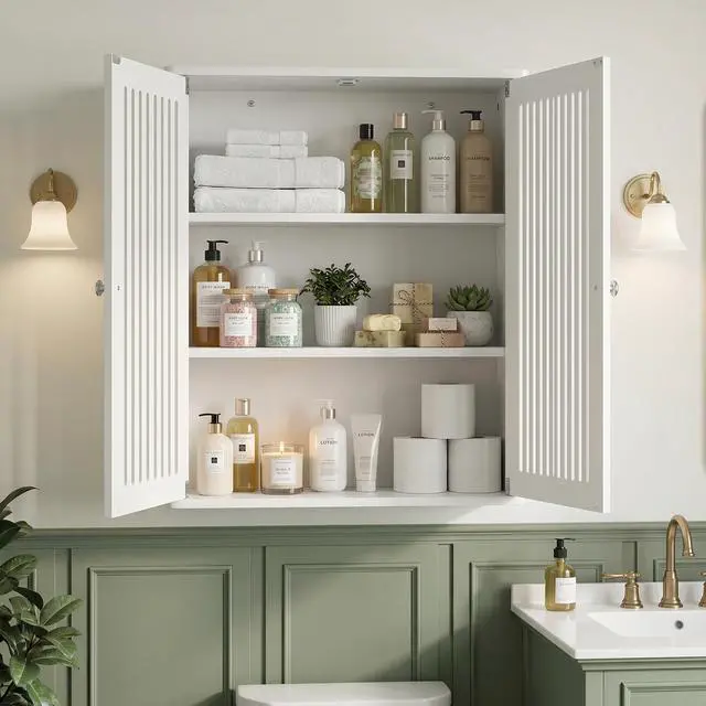 Alt view image 5 of 7 - Bathroom wall-mounted cabinet, louvered double-door wall-mounted bathroom storage cabinet, practical medicine cabinet, household wall storage cabinet, white.