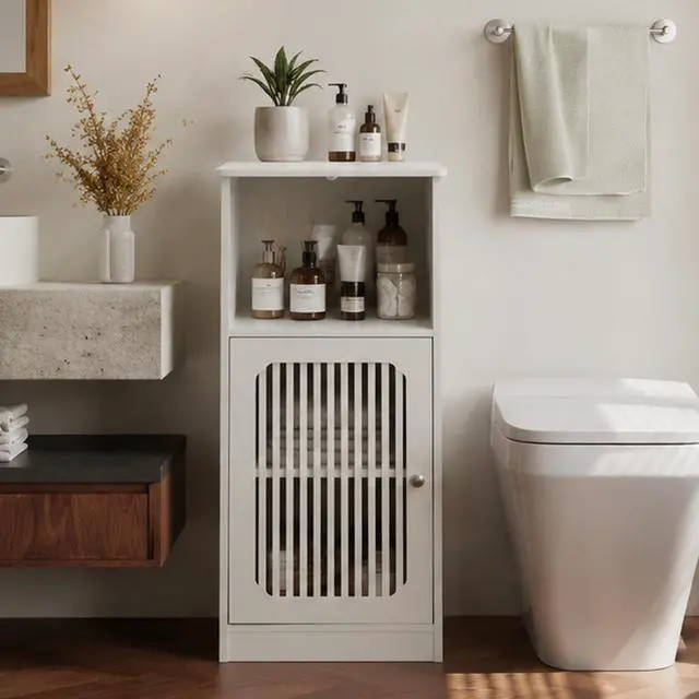 Alt view image 5 of 7 - Bathroom low cabinet, louvered door floor-standing bathroom storage cabinet, multi-layer bathroom storage cabinet, white