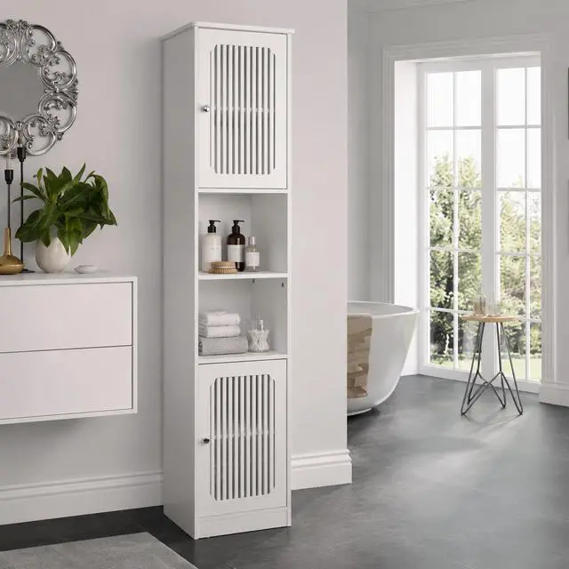 Main image of 64-Inch Bathroom tall cabinet with adjustable drawer shelves, louvered door floor-standing storage unit, multi-tiered vertical narrow storage cabinet for bathroom, white.