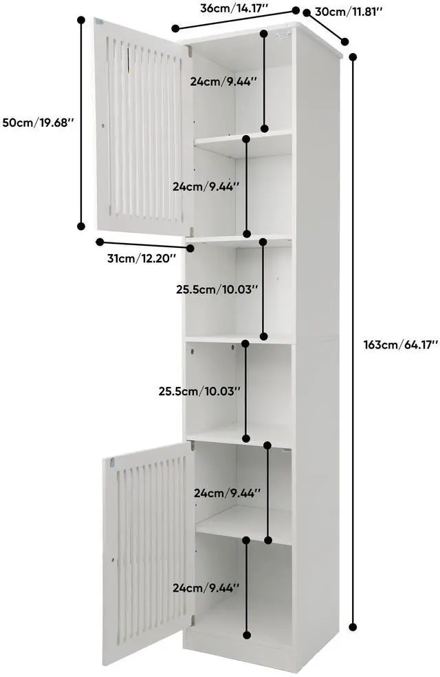 Alt view image 2 of 7 - 64-Inch Bathroom tall cabinet with adjustable drawer shelves, louvered door floor-standing storage unit, multi-tiered vertical narrow storage cabinet for bathroom, white.