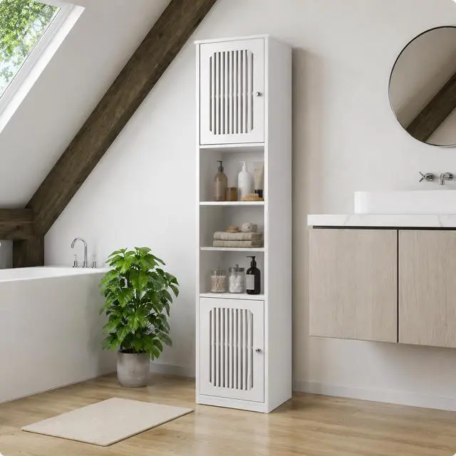 Alt view image 3 of 7 - 64-Inch Bathroom tall cabinet with adjustable drawer shelves, louvered door floor-standing storage unit, multi-tiered vertical narrow storage cabinet for bathroom, white.