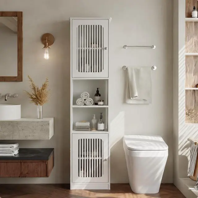 Alt view image 4 of 7 - 64-Inch Bathroom tall cabinet with adjustable drawer shelves, louvered door floor-standing storage unit, multi-tiered vertical narrow storage cabinet for bathroom, white.