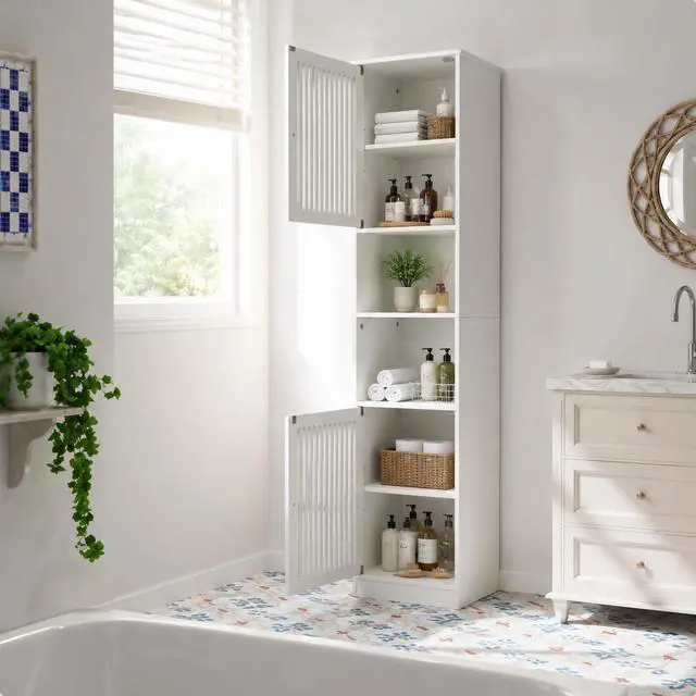 Alt view image 5 of 7 - 64-Inch Bathroom tall cabinet with adjustable drawer shelves, louvered door floor-standing storage unit, multi-tiered vertical narrow storage cabinet for bathroom, white.