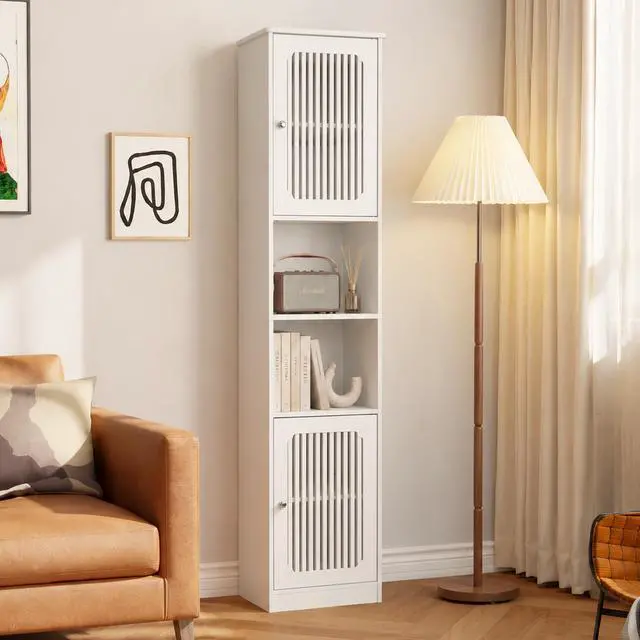 Alt view image 6 of 7 - 64-Inch Bathroom tall cabinet with adjustable drawer shelves, louvered door floor-standing storage unit, multi-tiered vertical narrow storage cabinet for bathroom, white.