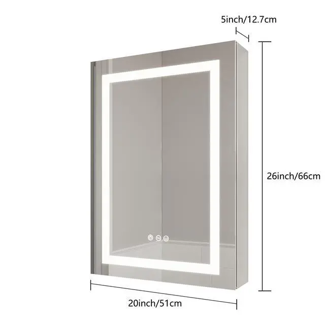 Alt view image 4 of 7 - 26x20 inch Bathroom Medicine Cabinet with LED Mirror, Anti-Fog, Waterproof, 3000K~6000K Single Door Lighted Bathroom Cabinet with Touch Swich, Dimmable,Recessed or Surface Mount (Right Door)