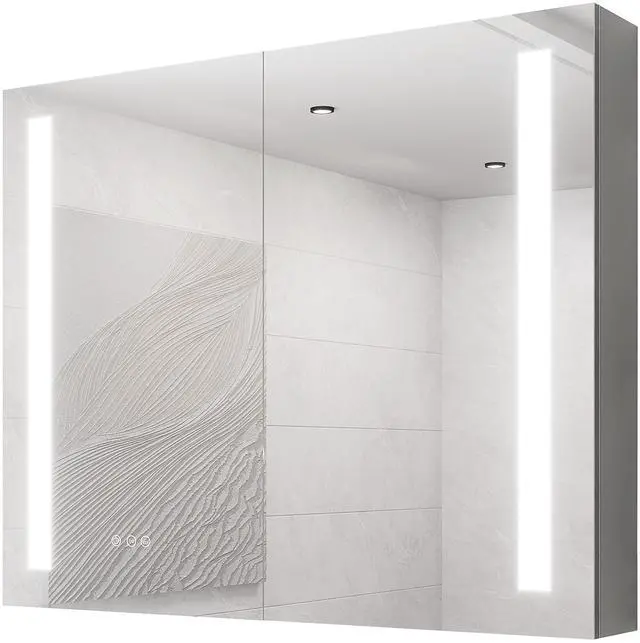 Main image of 36 x 30 inch Medicine Cabinet with LED Vanity Mirror, Anti-Fog, Dimmable, Recessed or Surface Mount, Aluminum 3000K~6000K Lighted Double Door Bathroom Cabinet with Touch Switch