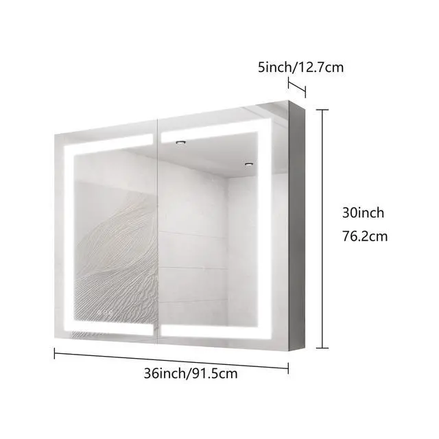 Alt view image 2 of 4 - 36 x 30 inch Medicine Cabinet with LED Vanity Mirror, Anti-Fog, Recessed or Surface Mount, Waterproof, Dimmable, Aluminum 3000K~6000K Lighted Double Door Bathroom Cabinet with Touch Switch