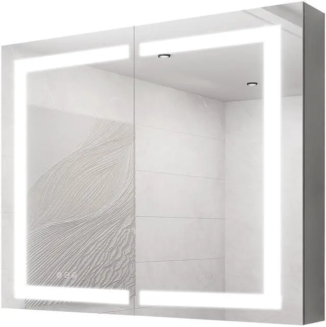 Main image of 36 x 30 inch Medicine Cabinet with LED Vanity Mirror, Anti-Fog, Recessed or Surface Mount, Waterproof, Dimmable, Aluminum 3000K~6000K Lighted Double Door Bathroom Cabinet with Touch Switch