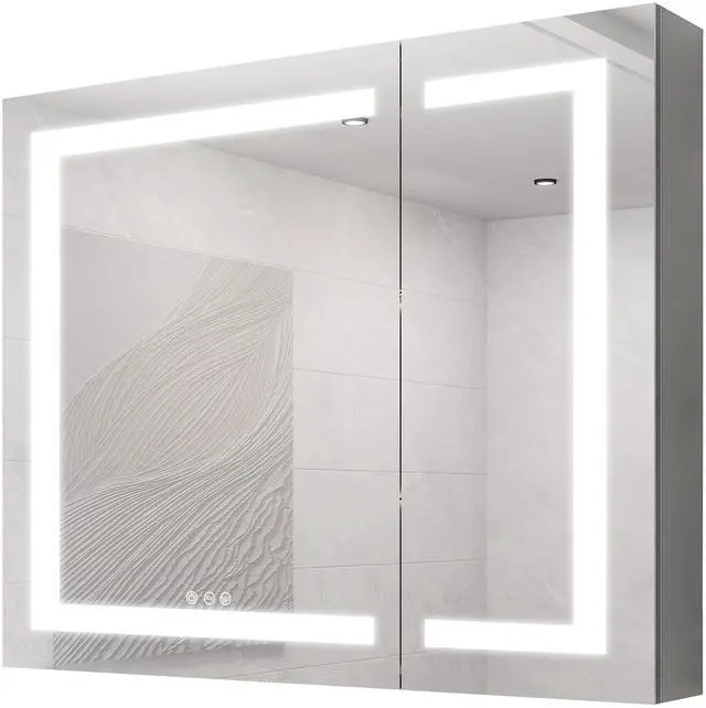 Main image of 36x30 inch Medicine Cabinet with LED Vanity Mirror, Anti-Fog Recessed or Surface Mount Bathroom Double Door Large Storage 3000K~6000K Bright Lighted Aluminum Storage Cabinet with Touch Switch
