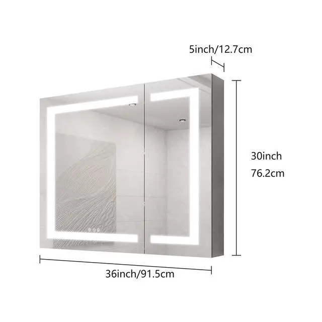 Alt view image 2 of 3 - 36x30 inch Medicine Cabinet with LED Vanity Mirror, Anti-Fog Recessed or Surface Mount Bathroom Double Door Large Storage 3000K~6000K Bright Lighted Aluminum Storage Cabinet with Touch Switch