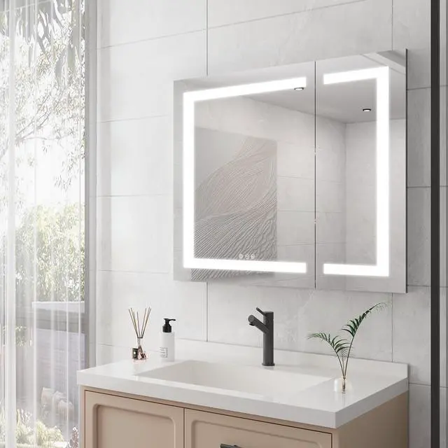 Alt view image 3 of 3 - 36x30 inch Medicine Cabinet with LED Vanity Mirror, Anti-Fog Recessed or Surface Mount Bathroom Double Door Large Storage 3000K~6000K Bright Lighted Aluminum Storage Cabinet with Touch Switch