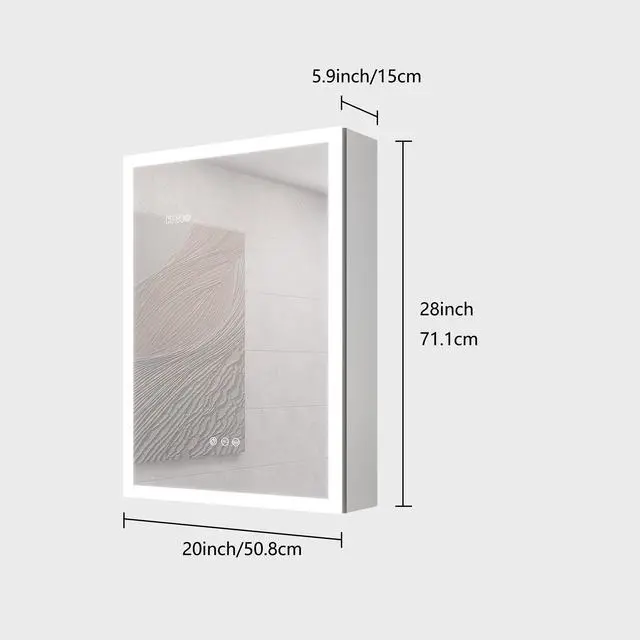 Alt view image 2 of 6 - Bathroom Medicine Cabinet with Lights, 28×20 Inch LED Medicine Cabinet with Mirror, Lighted Medicine Cabinet with Defogger, Dimmer, Digital Clock & Temp Display, Surface Mount