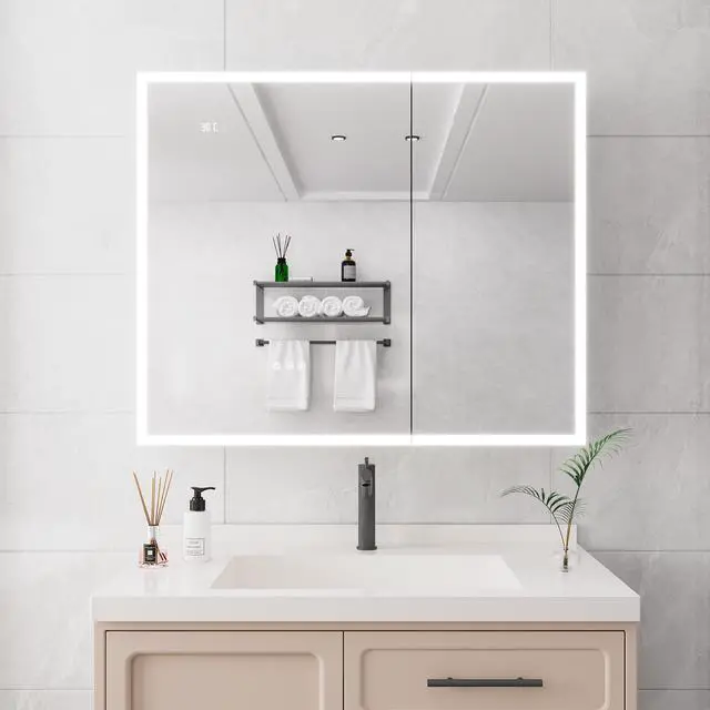Alt view image 3 of 5 - Bathroom Medicine Cabinet with Lights, 36×30 Inch LED Medicine Cabinet with Mirror, Double Door Lighted Medicine Cabinet with Defogger, Dimmer, Clock & Temp Display, 2 Outlets & USB Ports