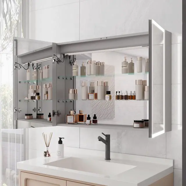 Alt view image 3 of 6 - Bathroom Medicine Cabinet with Lights, 36×24 Inch LED Medicine Cabinet with Mirror, Double Door Lighted Medicine Cabinet with Defogger, Dimmer, Clock & Temp Display, 2 Outlets & USB Ports