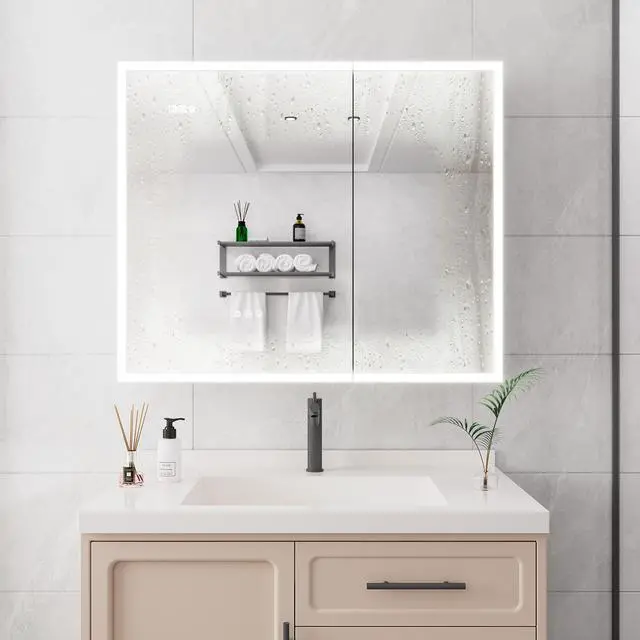 Alt view image 4 of 5 - Bathroom Medicine Cabinet with Lights, 36×30 Inch LED Medicine Cabinet with Mirror, Double Door Lighted Medicine Cabinet with Defogger, Dimmer, Clock & Temp Display, 2 Outlets & USB Ports
