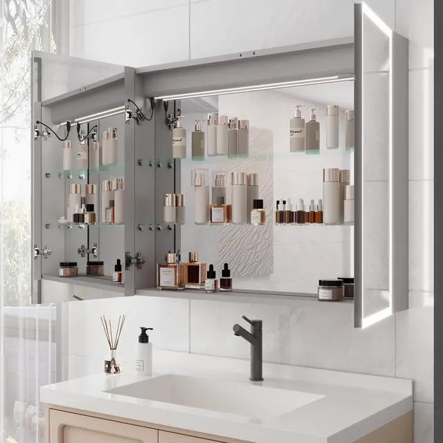Alt view image 5 of 5 - Bathroom Medicine Cabinet with Lights, 36×30 Inch LED Medicine Cabinet with Mirror, Double Door Lighted Medicine Cabinet with Defogger, Dimmer, Clock & Temp Display, 2 Outlets & USB Ports