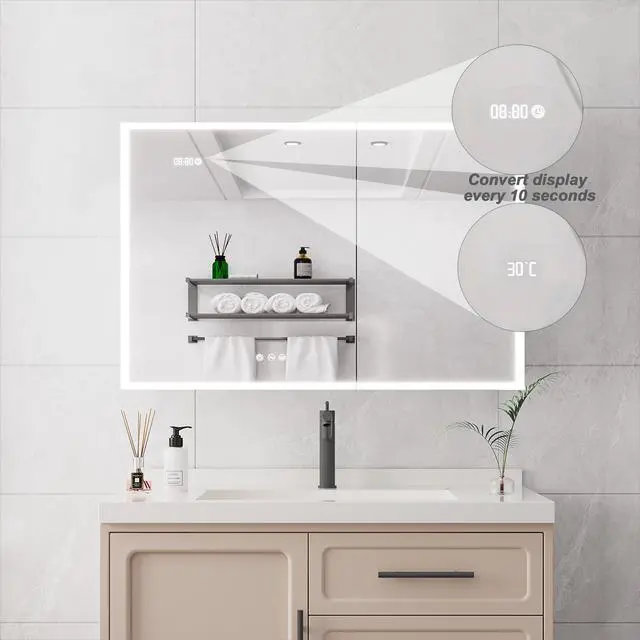 Alt view image 4 of 6 - Bathroom Medicine Cabinet with Lights, 36×24 Inch LED Medicine Cabinet with Mirror, Double Door Lighted Medicine Cabinet with Defogger, Dimmer, Clock & Temp Display, 2 Outlets & USB Ports