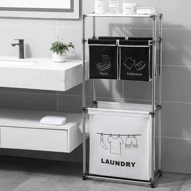 Alt view image 5 of 7 - Laundry Hamper 3 Tier Laundry Sorter with 4 Removable Bags for Organizing Clothes, Laundry, Lights, Darks ,Three hooks