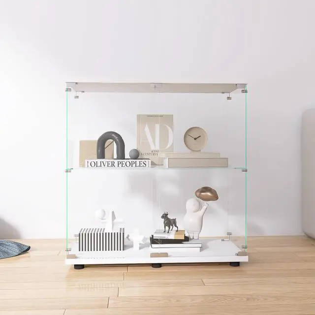 Main image of Two-door Glass Display Cabinet 2 Shelves with Door, Floor Standing Curio Bookshelf for Living Room Bedroom Office, 33.35"*31.69"*14.37",White