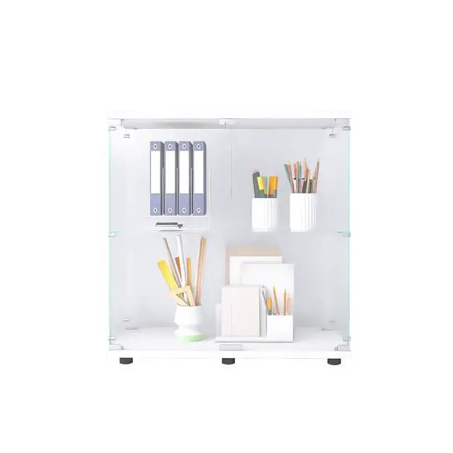 Alt view image 6 of 7 - Two-door Glass Display Cabinet 2 Shelves with Door, Floor Standing Curio Bookshelf for Living Room Bedroom Office, 33.35"*31.69"*14.37",White