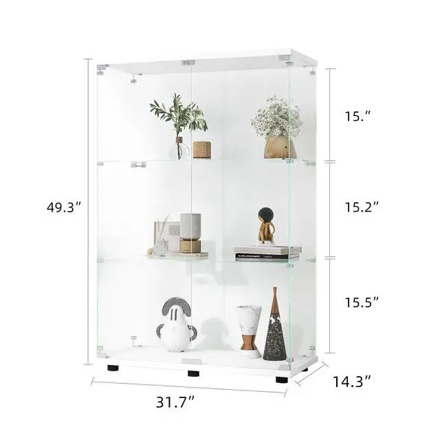 Alt view image 2 of 7 - Two-door Glass Display Cabinet 3 Shelves with Door, Floor Standing Curio Bookshelf for Living Room Bedroom Office, 49.3"*31.7"*14.3", White
