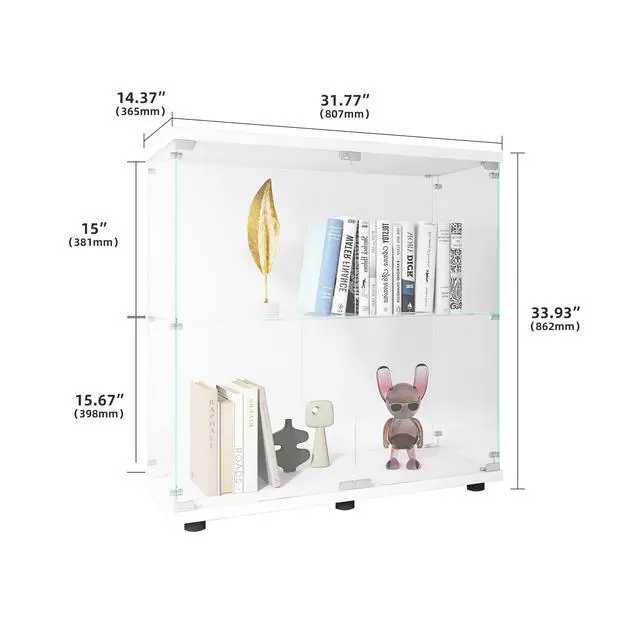 Alt view image 4 of 7 - Two-door Glass Display Cabinet 2 Shelves with Door, Floor Standing Curio Bookshelf for Living Room Bedroom Office, 33.35"*31.69"*14.37",White