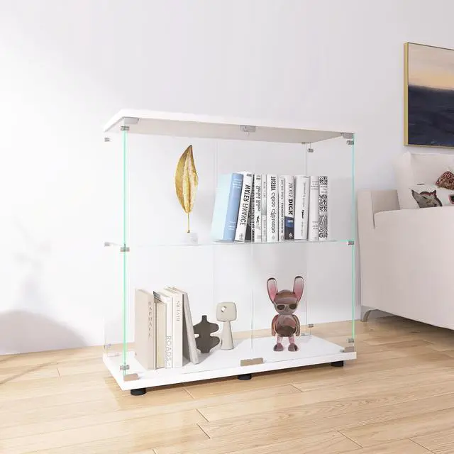 Alt view image 3 of 7 - Two-door Glass Display Cabinet 2 Shelves with Door, Floor Standing Curio Bookshelf for Living Room Bedroom Office, 33.35"*31.69"*14.37",White