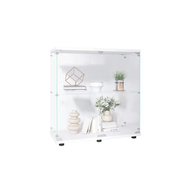 Alt view image 7 of 7 - Two-door Glass Display Cabinet 2 Shelves with Door, Floor Standing Curio Bookshelf for Living Room Bedroom Office, 33.35"*31.69"*14.37",White