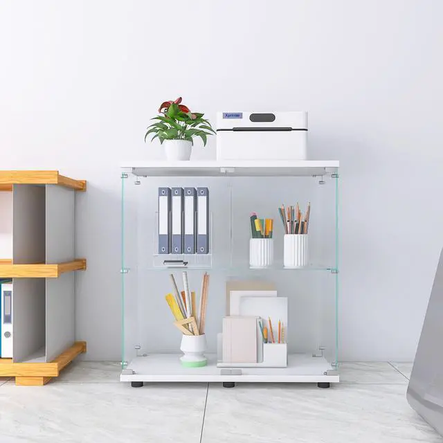 Alt view image 5 of 7 - Two-door Glass Display Cabinet 2 Shelves with Door, Floor Standing Curio Bookshelf for Living Room Bedroom Office, 33.35"*31.69"*14.37",White