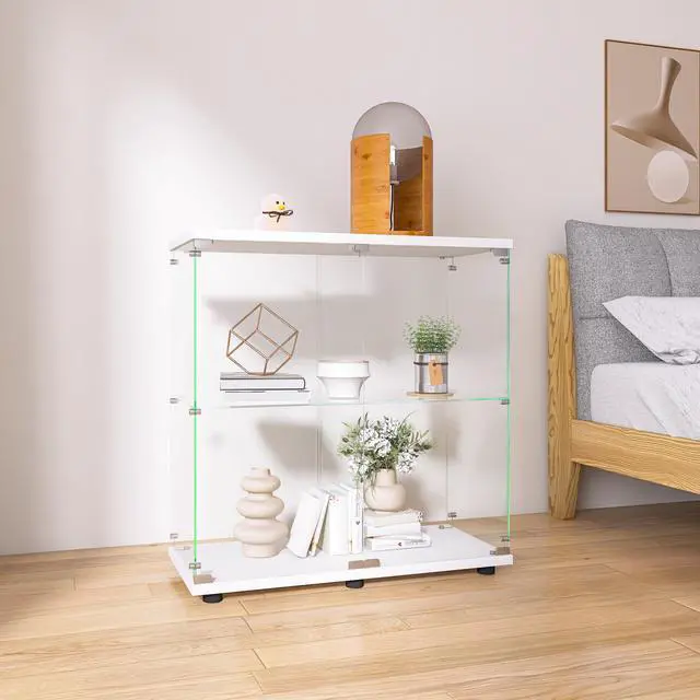 Alt view image 2 of 7 - Two-door Glass Display Cabinet 2 Shelves with Door, Floor Standing Curio Bookshelf for Living Room Bedroom Office, 33.35"*31.69"*14.37",White