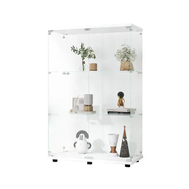 Alt view image 6 of 7 - Two-door Glass Display Cabinet 3 Shelves with Door, Floor Standing Curio Bookshelf for Living Room Bedroom Office, 49.3"*31.7"*14.3", White