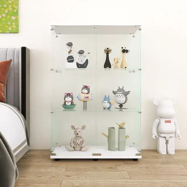 Alt view image 7 of 7 - Two-door Glass Display Cabinet 3 Shelves with Door, Floor Standing Curio Bookshelf for Living Room Bedroom Office, 49.3"*31.7"*14.3", White