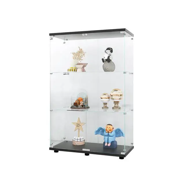Alt view image 4 of 7 - Two-door Glass Display Cabinet 3 Shelves with Door, Floor Standing Curio Bookshelf for Living Room Bedroom Office, 49.3"*31.7"*14.3",Black