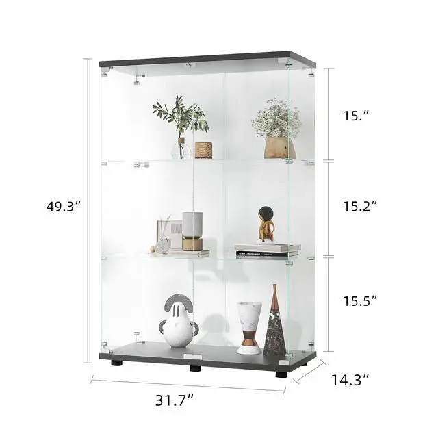 Alt view image 6 of 7 - Two-door Glass Display Cabinet 3 Shelves with Door, Floor Standing Curio Bookshelf for Living Room Bedroom Office, 49.3"*31.7"*14.3",Black