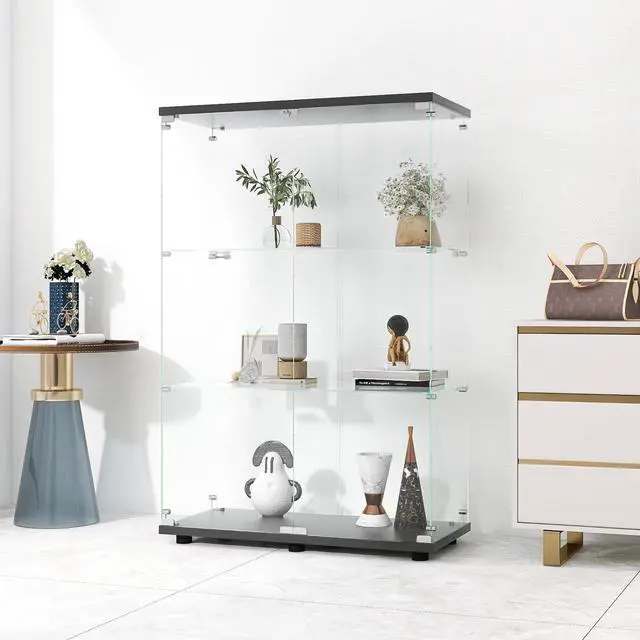 Alt view image 7 of 7 - Two-door Glass Display Cabinet 3 Shelves with Door, Floor Standing Curio Bookshelf for Living Room Bedroom Office, 49.3"*31.7"*14.3",Black