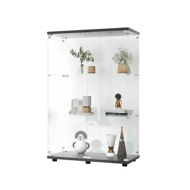 Alt view image 5 of 7 - Two-door Glass Display Cabinet 3 Shelves with Door, Floor Standing Curio Bookshelf for Living Room Bedroom Office, 49.3"*31.7"*14.3",Black