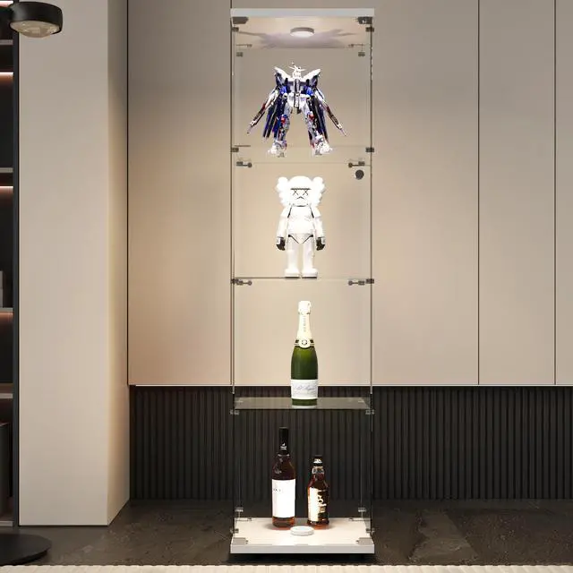 Alt view image 6 of 7 - LED lights Glass Display Cabinet 4 Shelves with Door, Floor Standing Curio Bookshelf for Living Room Bedroom Office, 64.7"*16.7"*14.3"
white