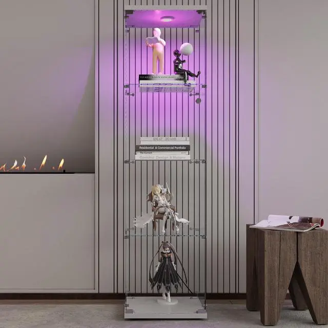 Alt view image 4 of 7 - LED lights Glass Display Cabinet 4 Shelves with Door, Floor Standing Curio Bookshelf for Living Room Bedroom Office, 64.7"*16.7"*14.3"
white