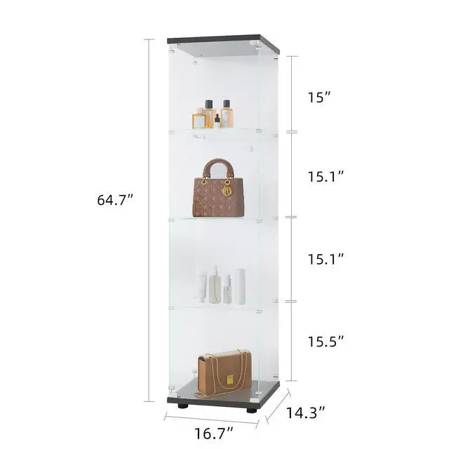 Alt view image 2 of 7 - Glass Display Cabinet 4 Shelves with Door, Floor Standing Curio Bookshelf for Living Room Bedroom Office, 64.7"*16.7"*14.3", Black