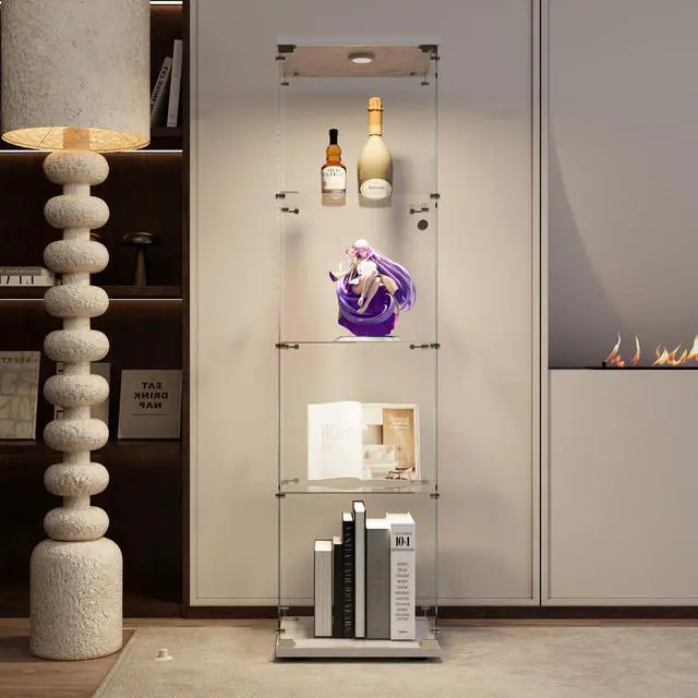 Alt view image 7 of 7 - LED lights Glass Display Cabinet 4 Shelves with Door, Floor Standing Curio Bookshelf for Living Room Bedroom Office, 64.7"*16.7"*14.3"
white