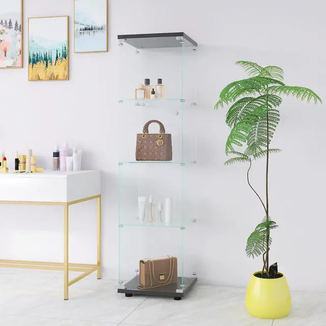 Alt view image 3 of 7 - Glass Display Cabinet 4 Shelves with Door, Floor Standing Curio Bookshelf for Living Room Bedroom Office, 64.7"*16.7"*14.3", Black