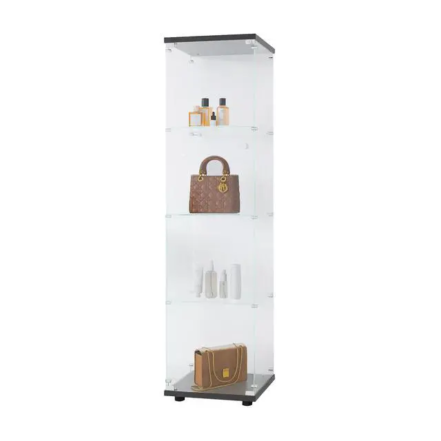 Alt view image 6 of 7 - Glass Display Cabinet 4 Shelves with Door, Floor Standing Curio Bookshelf for Living Room Bedroom Office, 64.7"*16.7"*14.3", Black