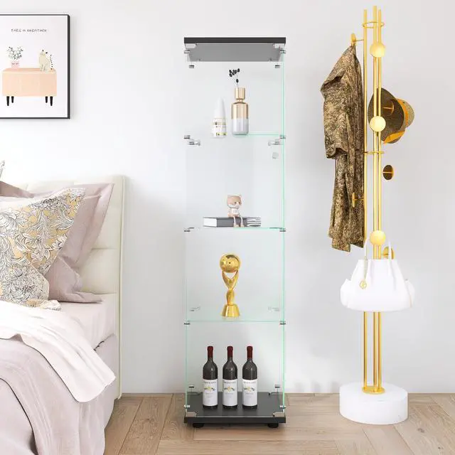 Alt view image 4 of 7 - Glass Display Cabinet 4 Shelves with Door, Floor Standing Curio Bookshelf for Living Room Bedroom Office, 64.7"*16.7"*14.3", Black