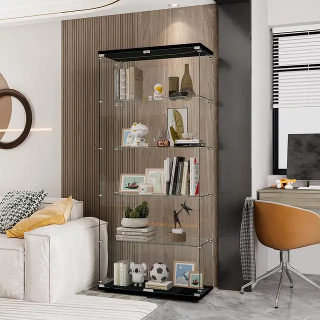 Main image of Glass Display Cabinet with 5 Shelves Double Door, Curio Cabinets for Living Room, Bedroom, Office, Black Floor Standing Glass Bookshelf, Quick Installation