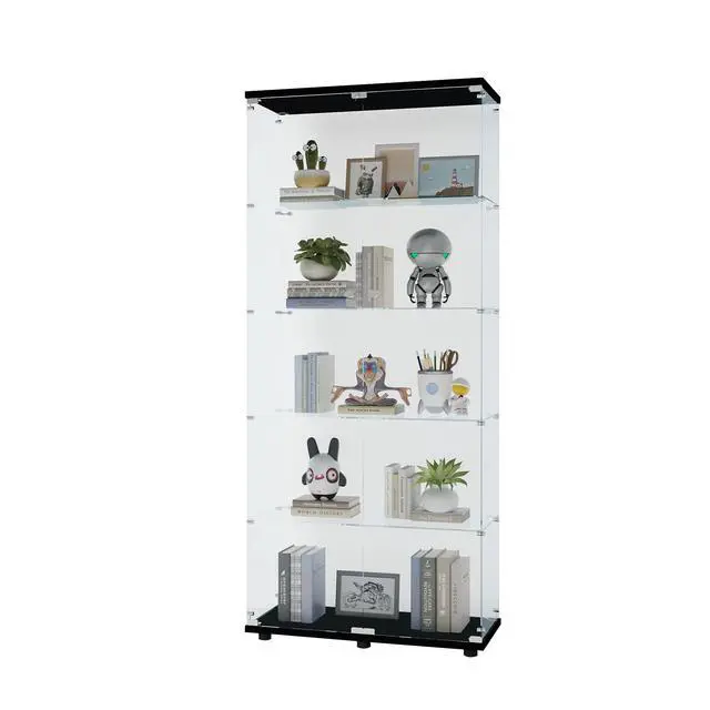 Alt view image 5 of 7 - Glass Display Cabinet with 5 Shelves Double Door, Curio Cabinets for Living Room, Bedroom, Office, Black Floor Standing Glass Bookshelf, Quick Installation