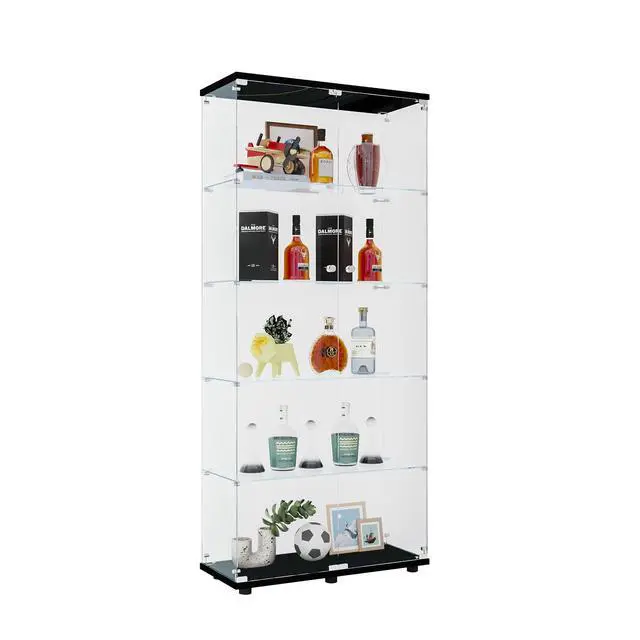 Alt view image 6 of 7 - Glass Display Cabinet with 5 Shelves Double Door, Curio Cabinets for Living Room, Bedroom, Office, Black Floor Standing Glass Bookshelf, Quick Installation