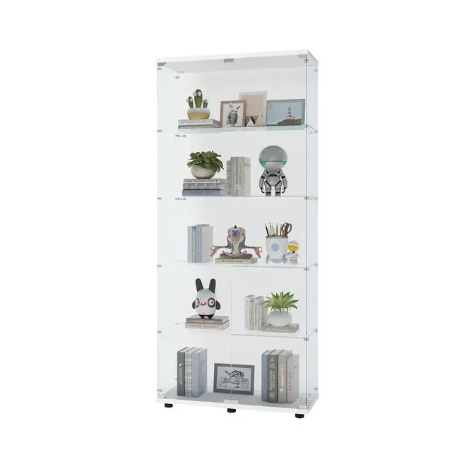 Alt view image 6 of 7 - Glass Display Cabinet with 5 Shelves Double Door, Curio Cabinets for Living Room, Bedroom, Office, White Floor Standing Glass Bookshelf, Quick Installation