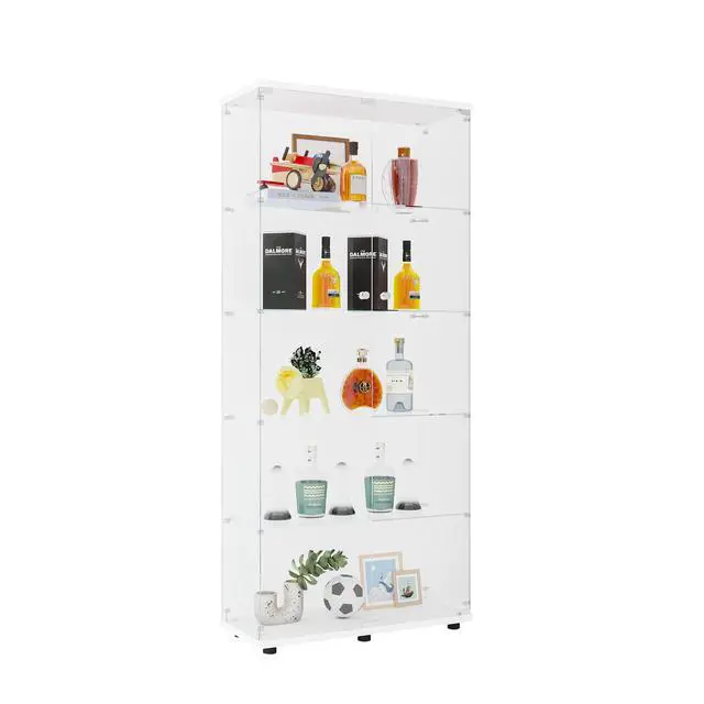 Alt view image 7 of 7 - Glass Display Cabinet with 5 Shelves Double Door, Curio Cabinets for Living Room, Bedroom, Office, White Floor Standing Glass Bookshelf, Quick Installation