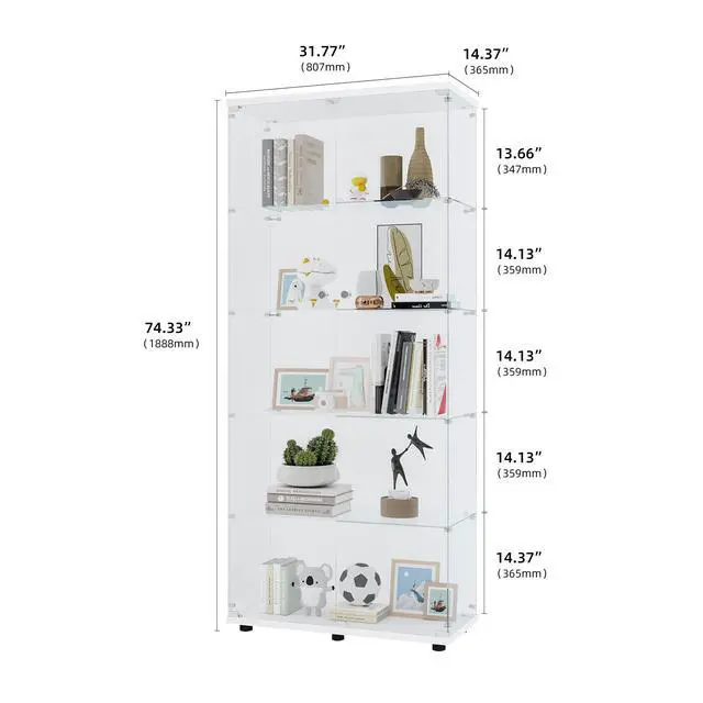 Alt view image 4 of 7 - Glass Display Cabinet with 5 Shelves Double Door, Curio Cabinets for Living Room, Bedroom, Office, White Floor Standing Glass Bookshelf, Quick Installation