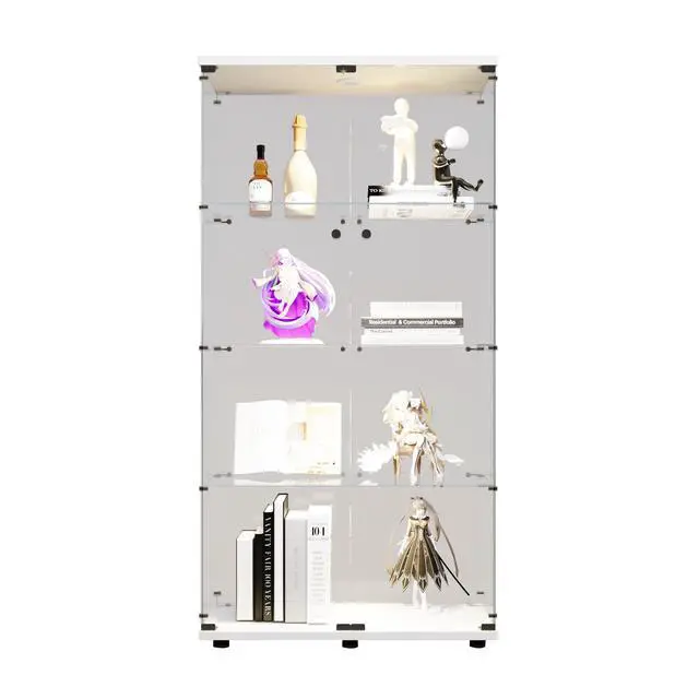 Alt view image 4 of 7 - Two-door LED lights Glass Display Cabinet 4 Shelves with Door, Floor Standing Curio Bookshelf for Living Room Bedroom Office, 64.7"*31.7"*14.3", White